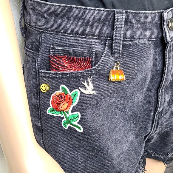 Shorts Size Small Black Denim Gray Red Embellished Upcycled Unique Handmade Fun - Picture 4 of 11